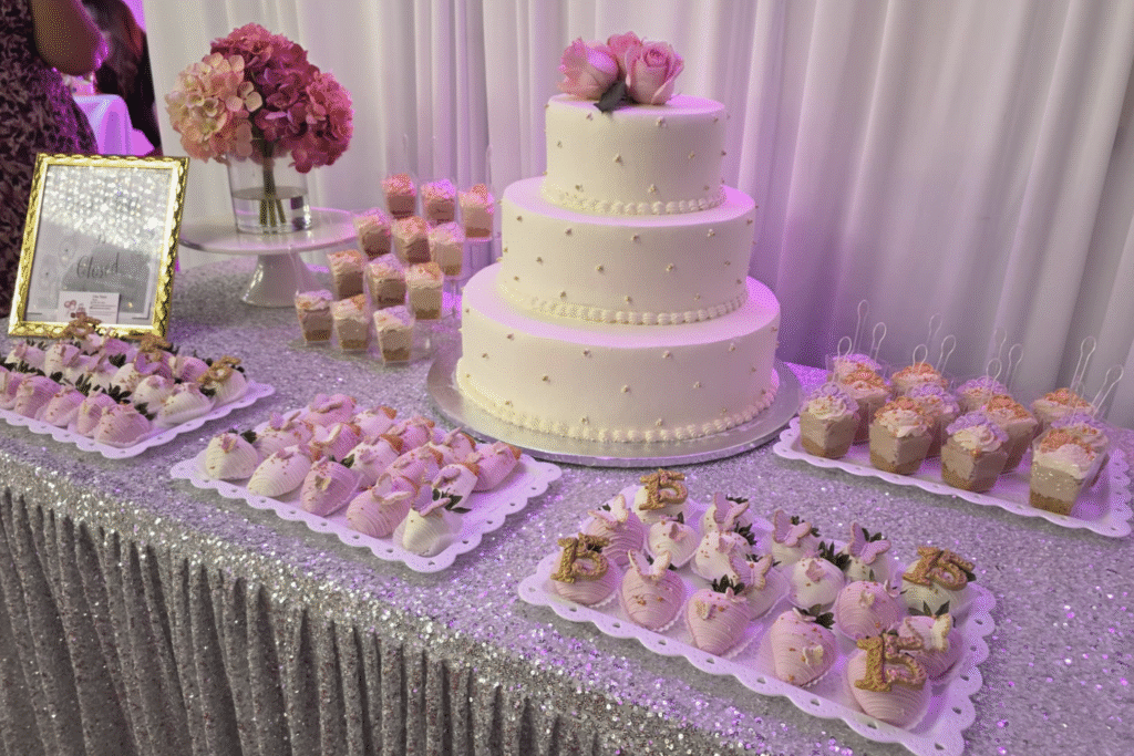 Cake and dessert table at OC Salsa Banquet Hall in Fountain Valley, California.