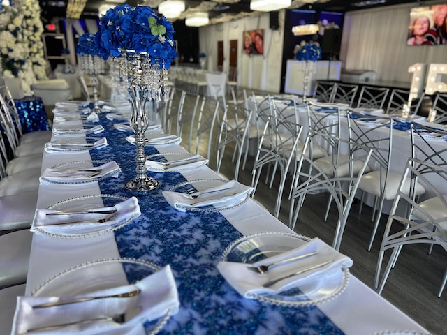 Tables decorated at OCSalsa Events Venue and Banquet hall in Fountain Valley, CA