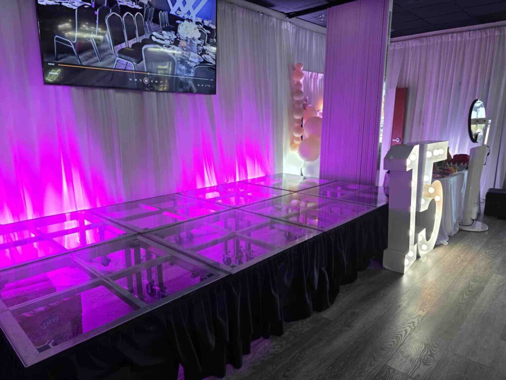 Glass stage at OC Salsa Venue & Banquet Hall in Fountain Valley