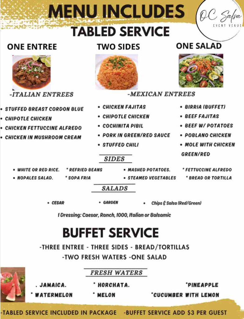 Dinner Menu for OC Salsa Venue & Banquet Hall in Fountain Valley