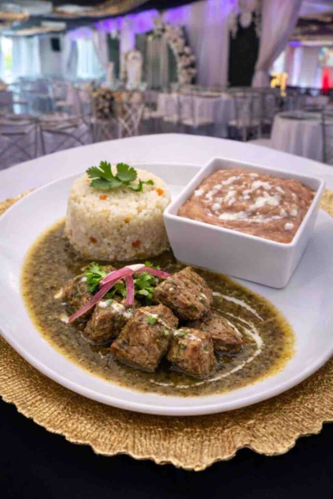 Dinner Plate at OC Salsa Venue Birria, white rice and beans.