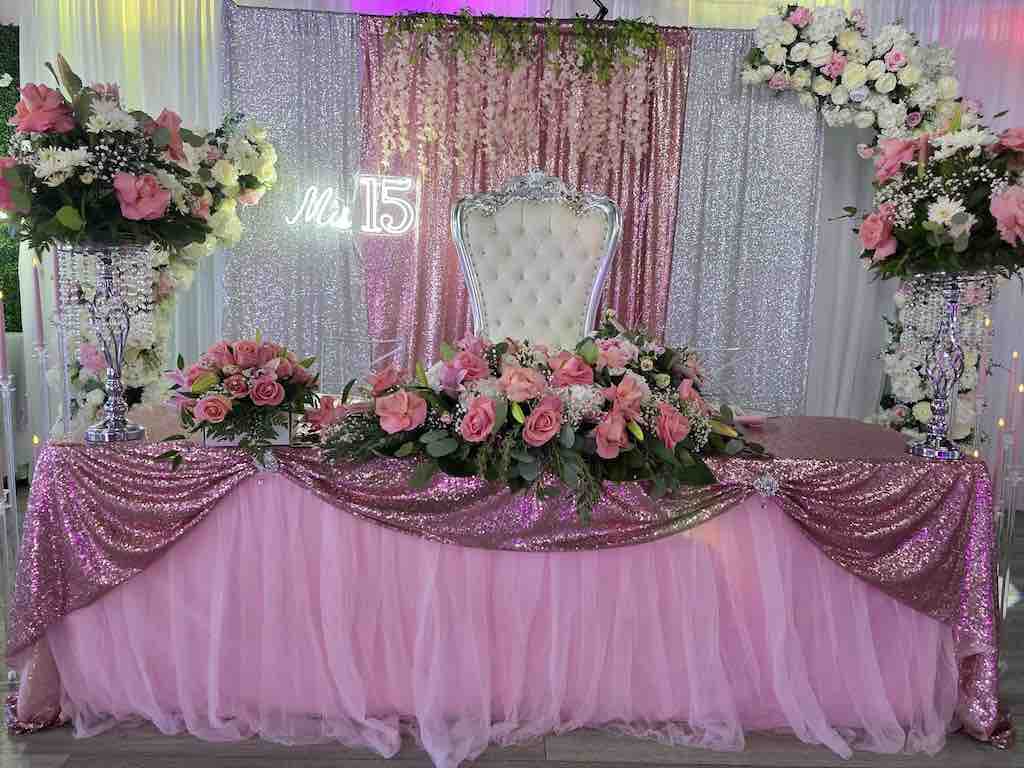 Main table pink theme at OC Salsa Venue in Fountain Valley