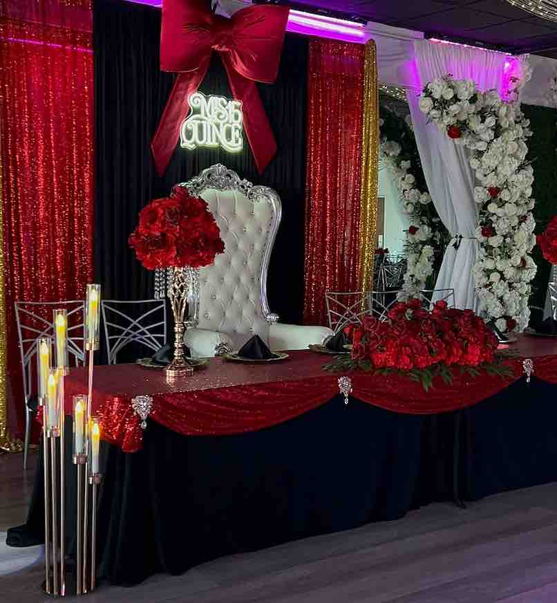 Main table red & black colors Main table green theme Main table pink theme at OC Salsa Venue in Fountain Valley