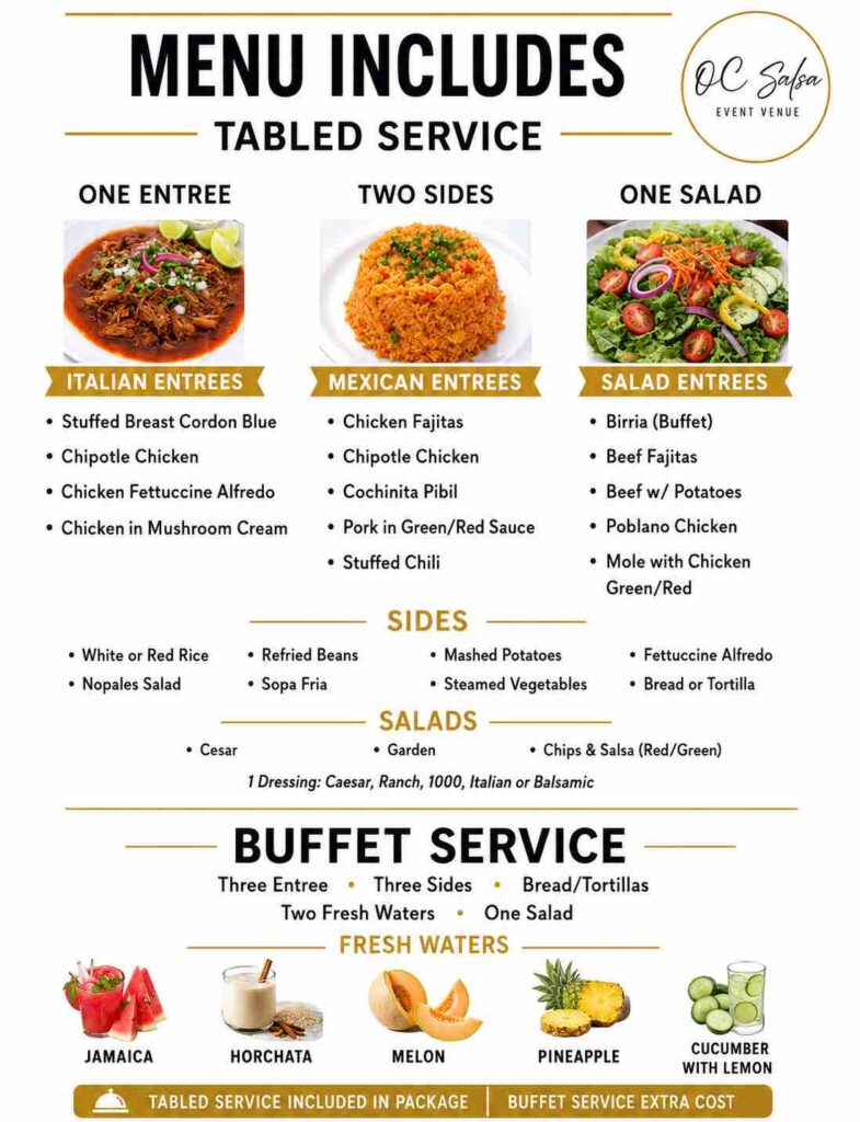 Dinner Menu for OC Salsa Venue & Banquet Hall in Fountain Valley