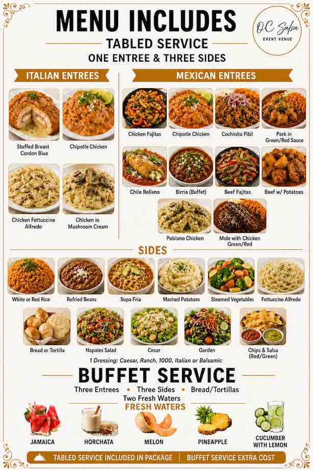 Dinner Menu for OC Salsa Venue & Banquet Hall in Fountain Valley