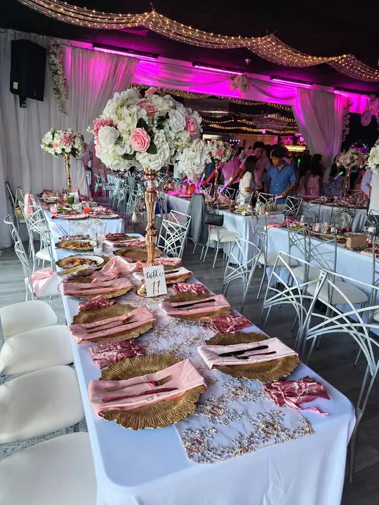 Pink floral reception inside the ballroom