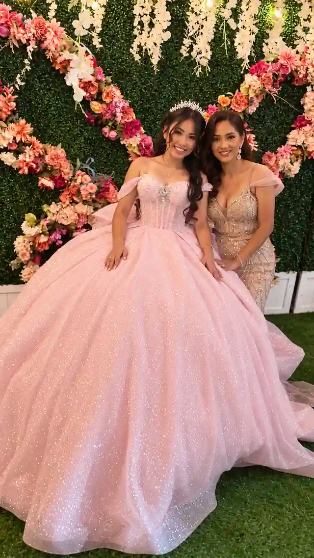 Quinceañera and a loved one in the floral garden