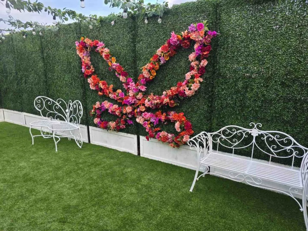 Butterfly Wings backdrop for pics at The Garden area outdoor patio at OC Salsa Venue and Banquet Hall in Fountain Valley
